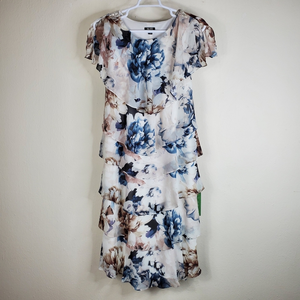 SLNY Women's Dress Tiered Shift Chiffon Rhinestone MOTB Cocktail Party NWT